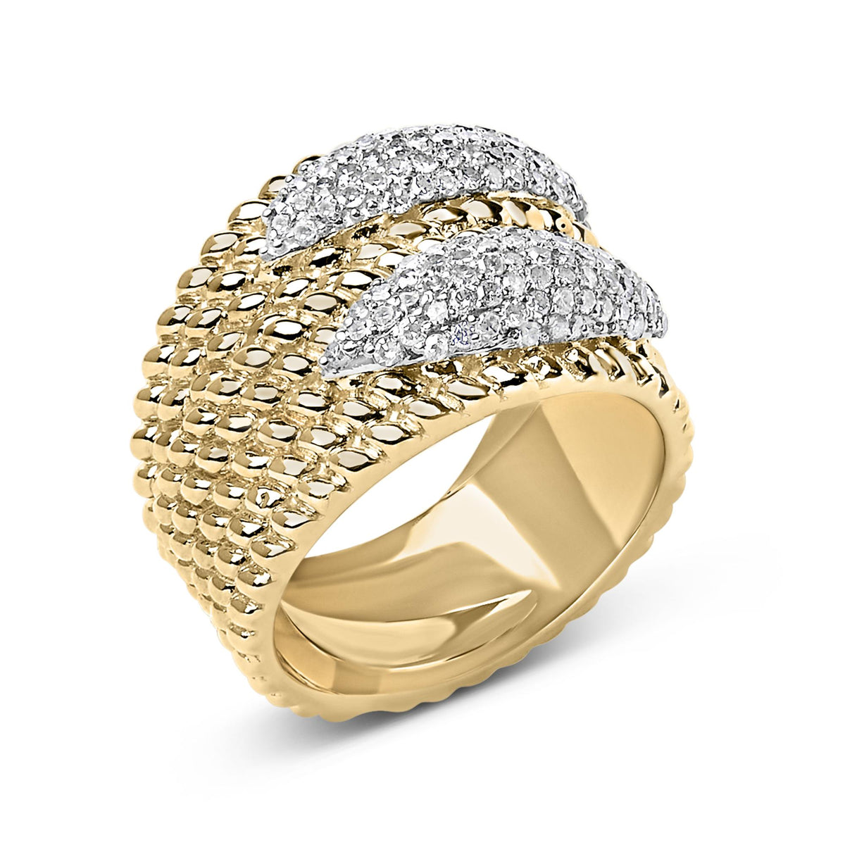 14K Yellow Gold Plated Silver 1.0 Cttw Diamond Cluster Crossover Ring Band