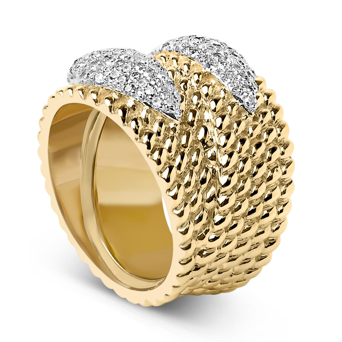 14K Yellow Gold Plated Silver 1.0 Cttw Diamond Cluster Crossover Ring Band