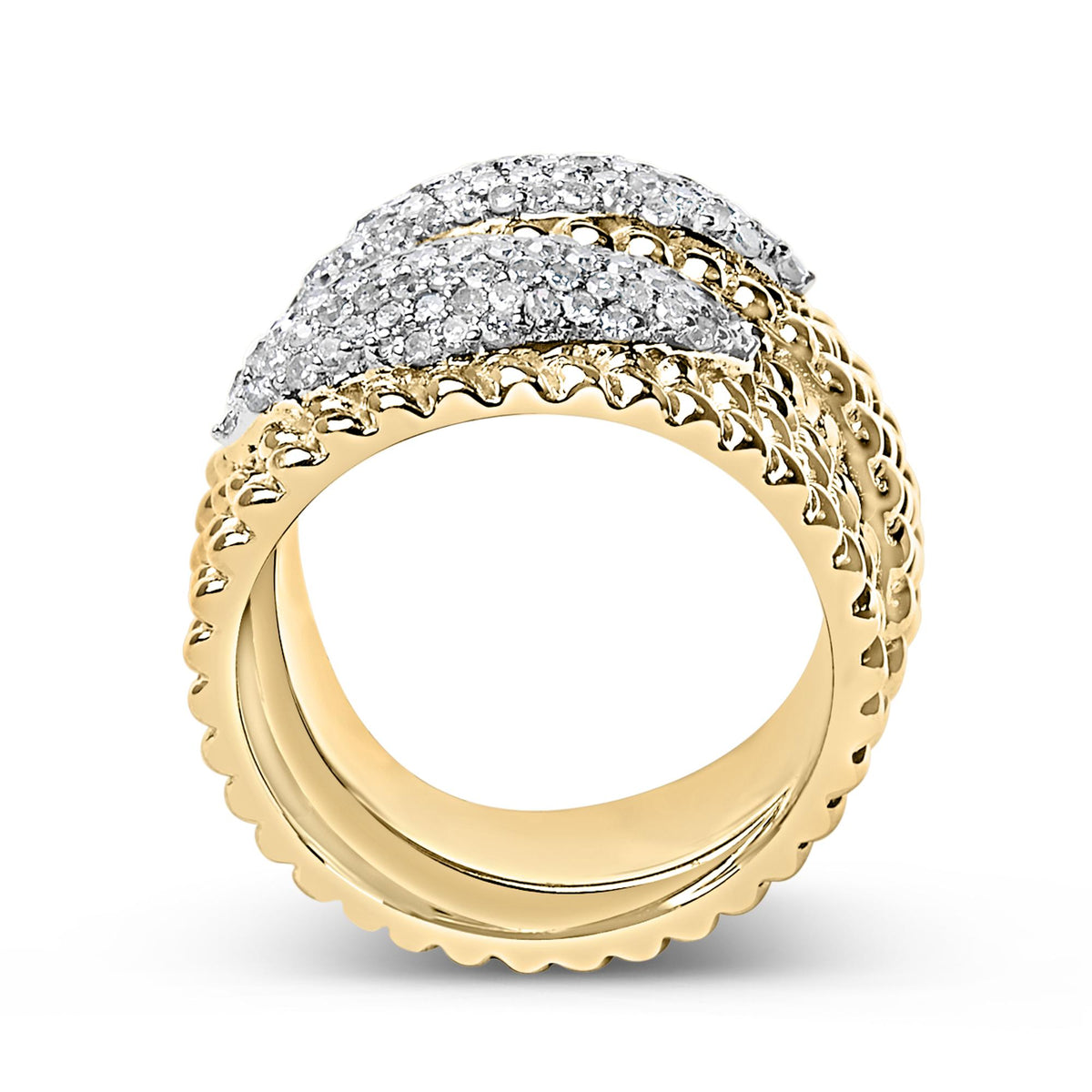 14K Yellow Gold Plated Silver 1.0 Cttw Diamond Cluster Crossover Ring Band