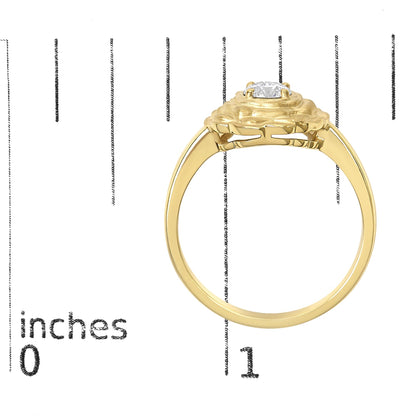 Close-up front angle of a yellow metal ring with a white round gemstone in a 4-prong setting, shown on a scale.