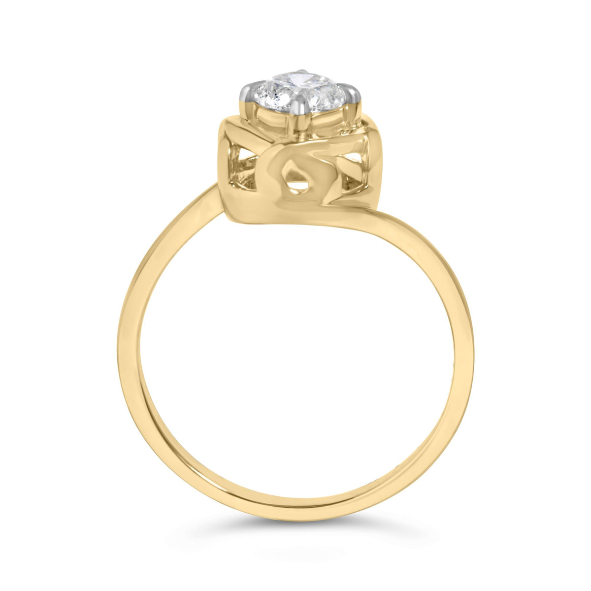 Yellow metal ring with a round white gemstone in prong setting, shown in a front close-up angled view.