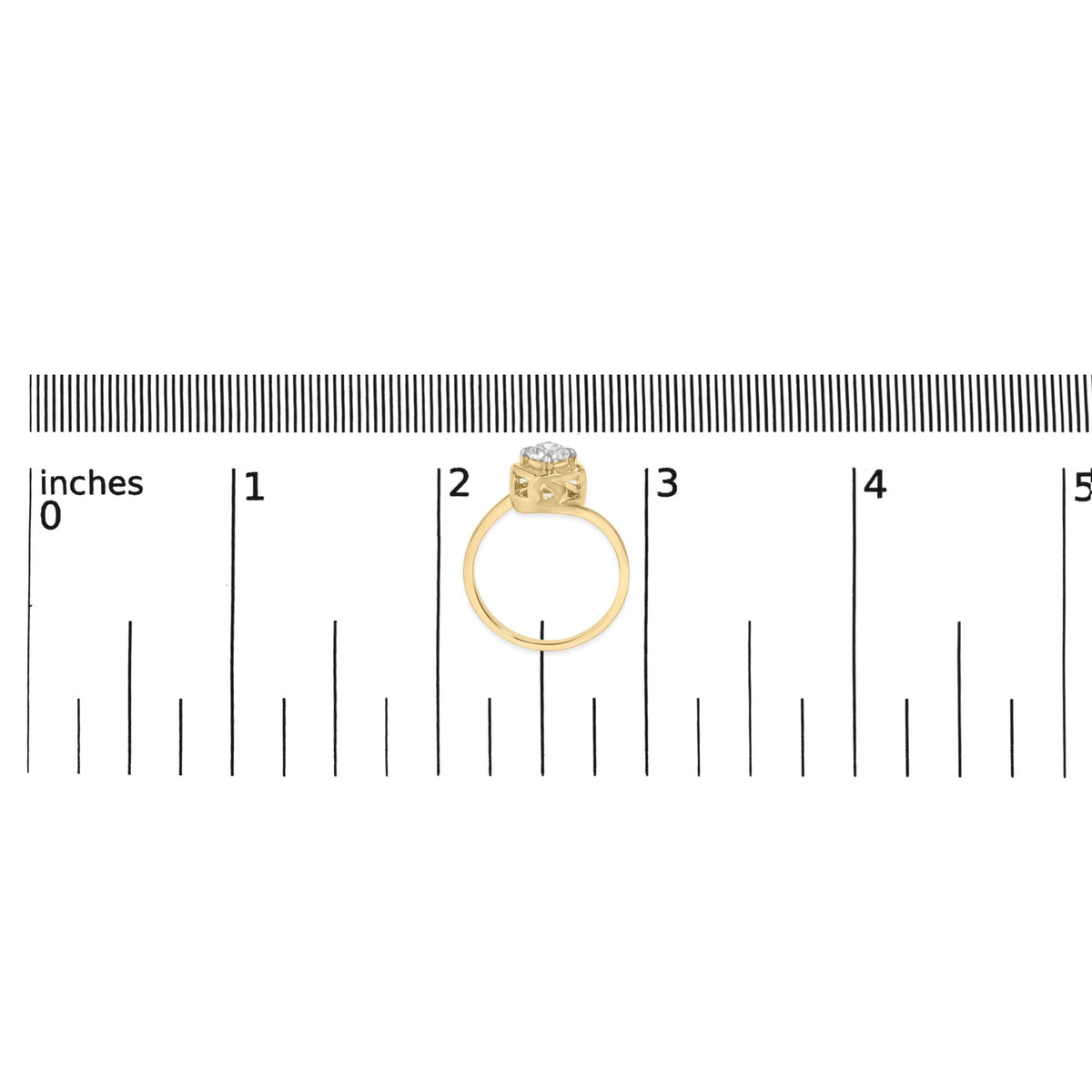 Yellow ring with a round white gemstone in prong setting, shown on a scale, front view.