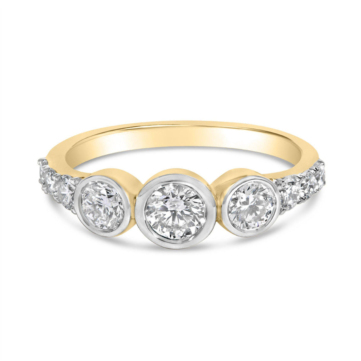 Close-up front angle of a yellow ring featuring three larger round white gemstones each surrounded by a polished bezel setting, flanked by smaller round white gemstones set along the band.