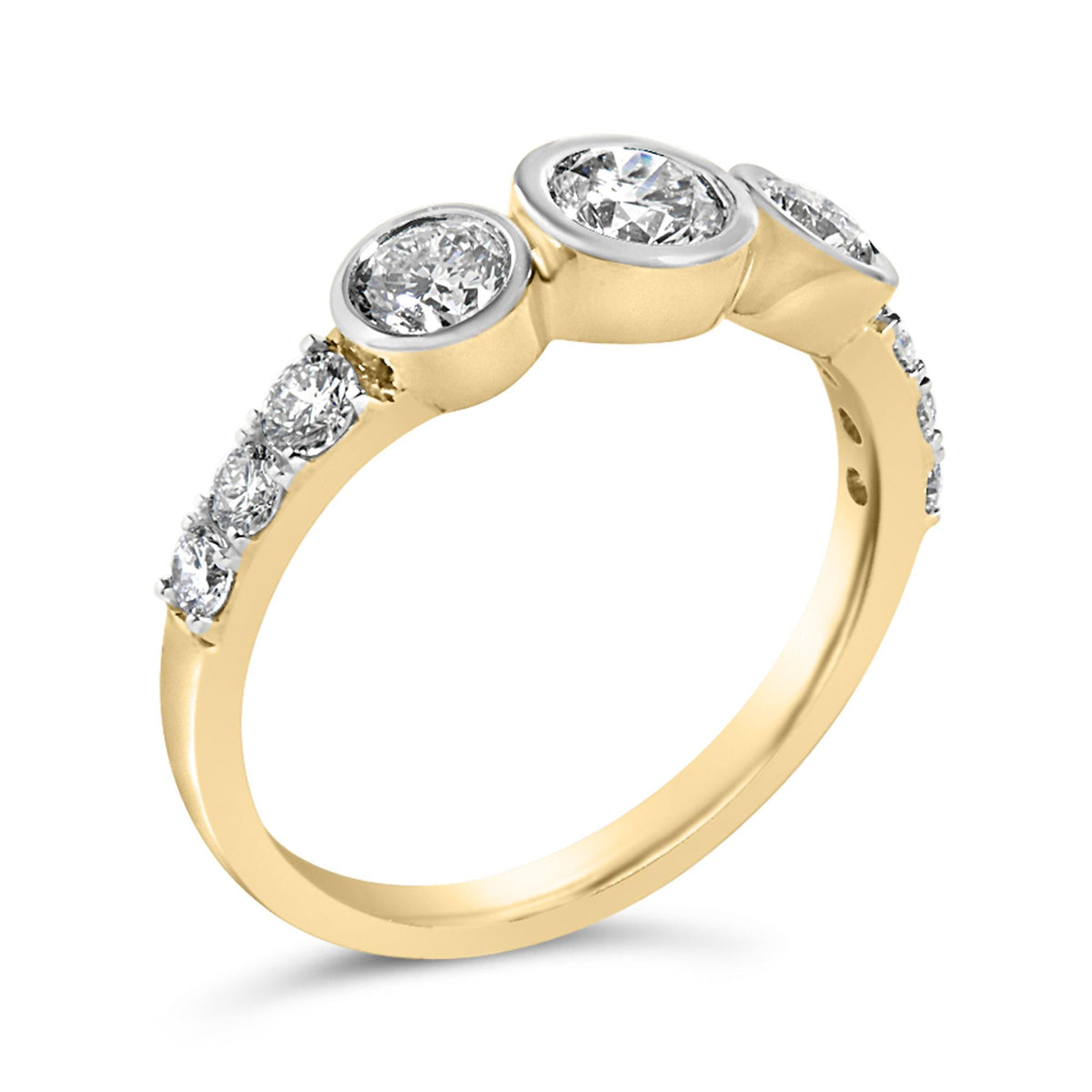 Close-up front angle of a yellow metal ring featuring multiple round white gemstones set in prong and bezel settings along the band.