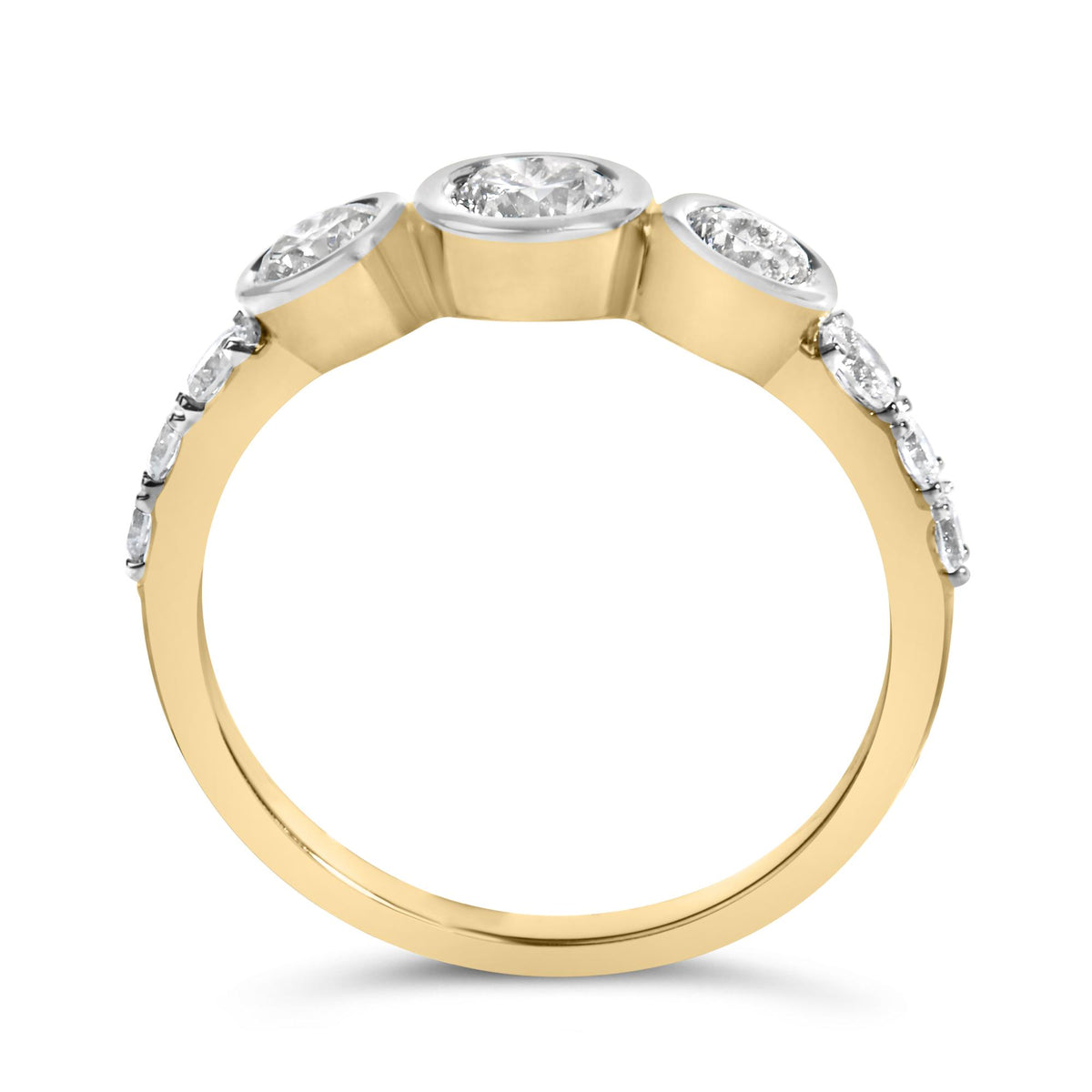 Close-up front angle of a yellow metal ring featuring multiple round white gemstones in prong and bezel settings along the top and sides.