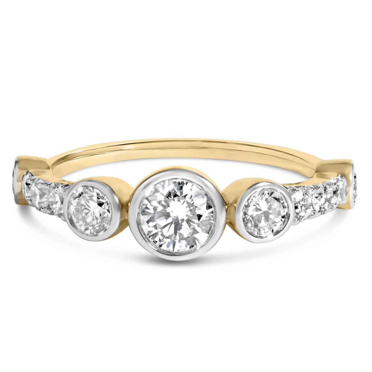 Close-up front angle of a yellow metal ring featuring round white gemstones in bezel and prong settings, displayed on a white background.