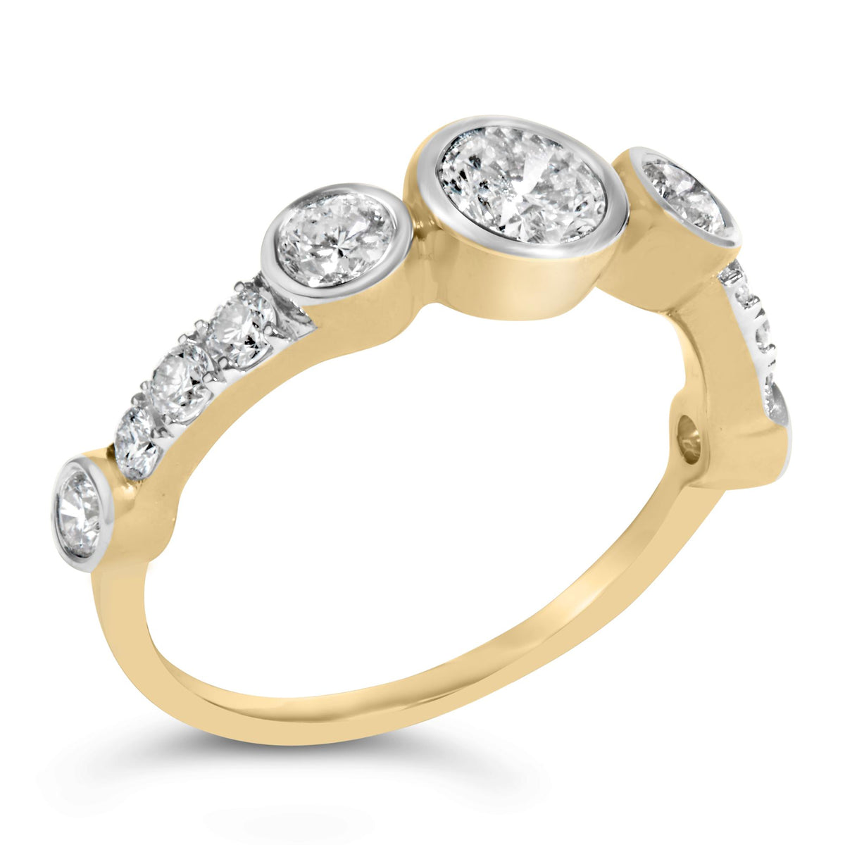 Close-up image of a yellow ring with round white gemstones in mixed bezel and prong settings, shown at an angled view.