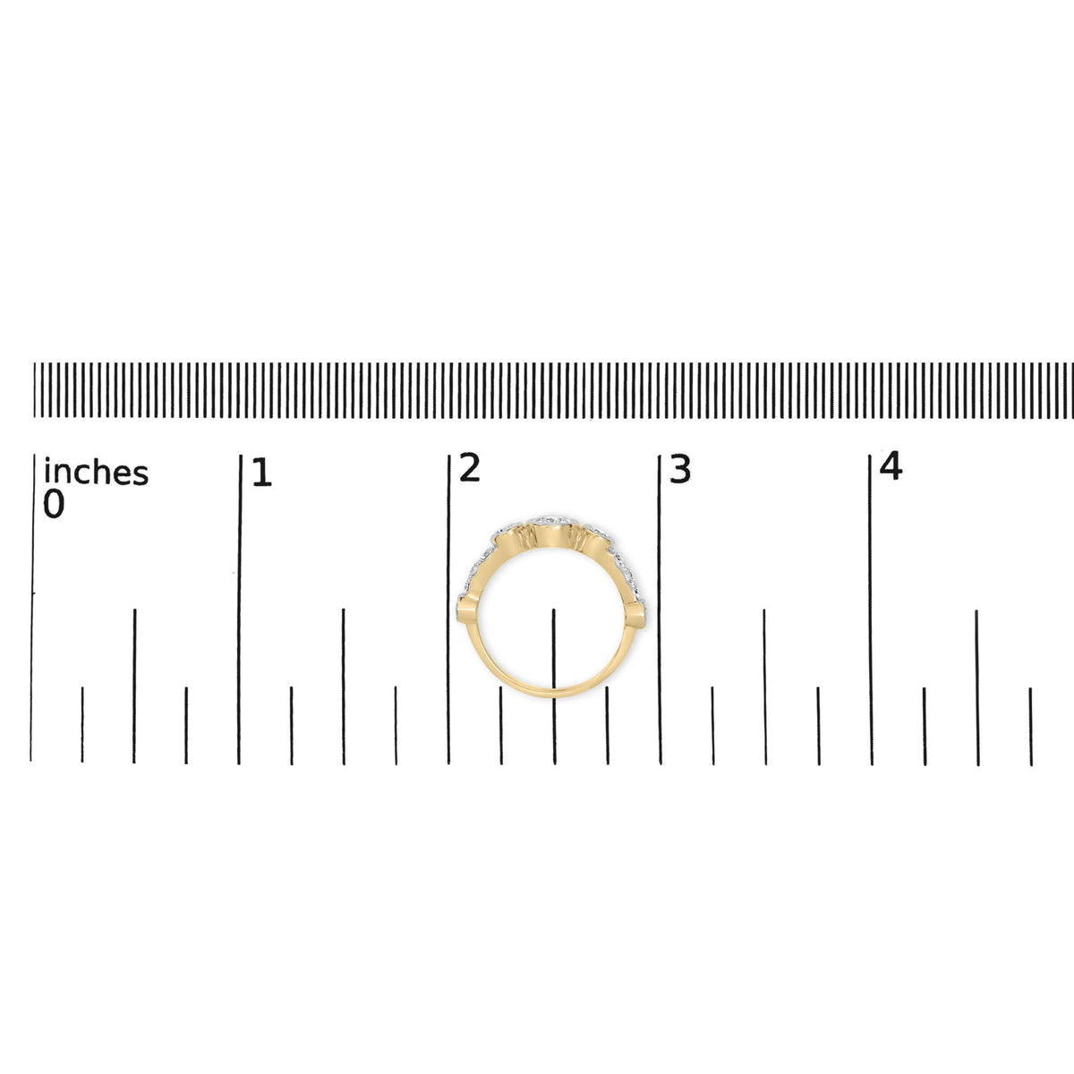Yellow ring shown on a scale, top view. Ring features multiple round white gemstones in bezel and prong settings all around the band.