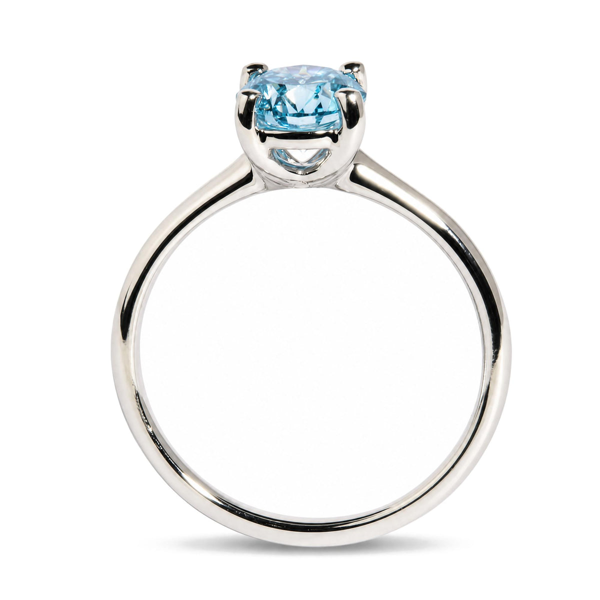 Back view of 14K white gold solitaire ring showcasing a 1.0 Cttw round lab-grown blue fancy vivid diamond on white background