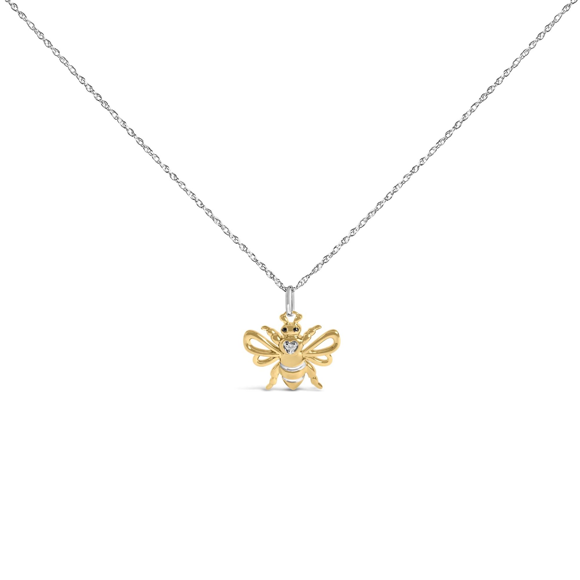 14K Yellow Gold Plated Sterling Silver Diamond Accent Bee Pendant Necklace
