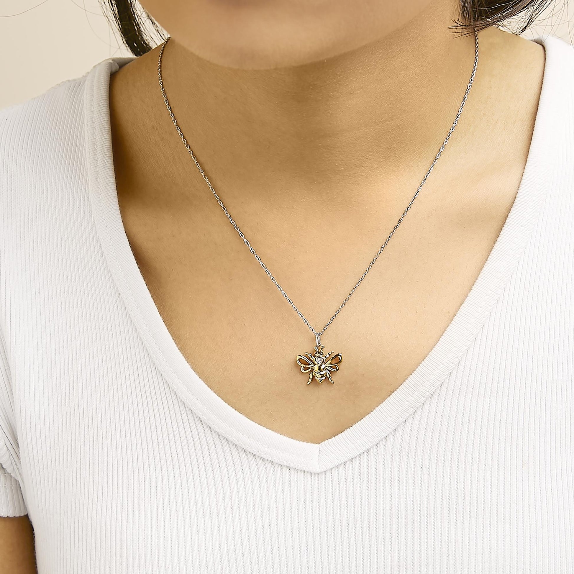 14K Yellow Gold Plated Sterling Silver Diamond Accent Bee Pendant Necklace