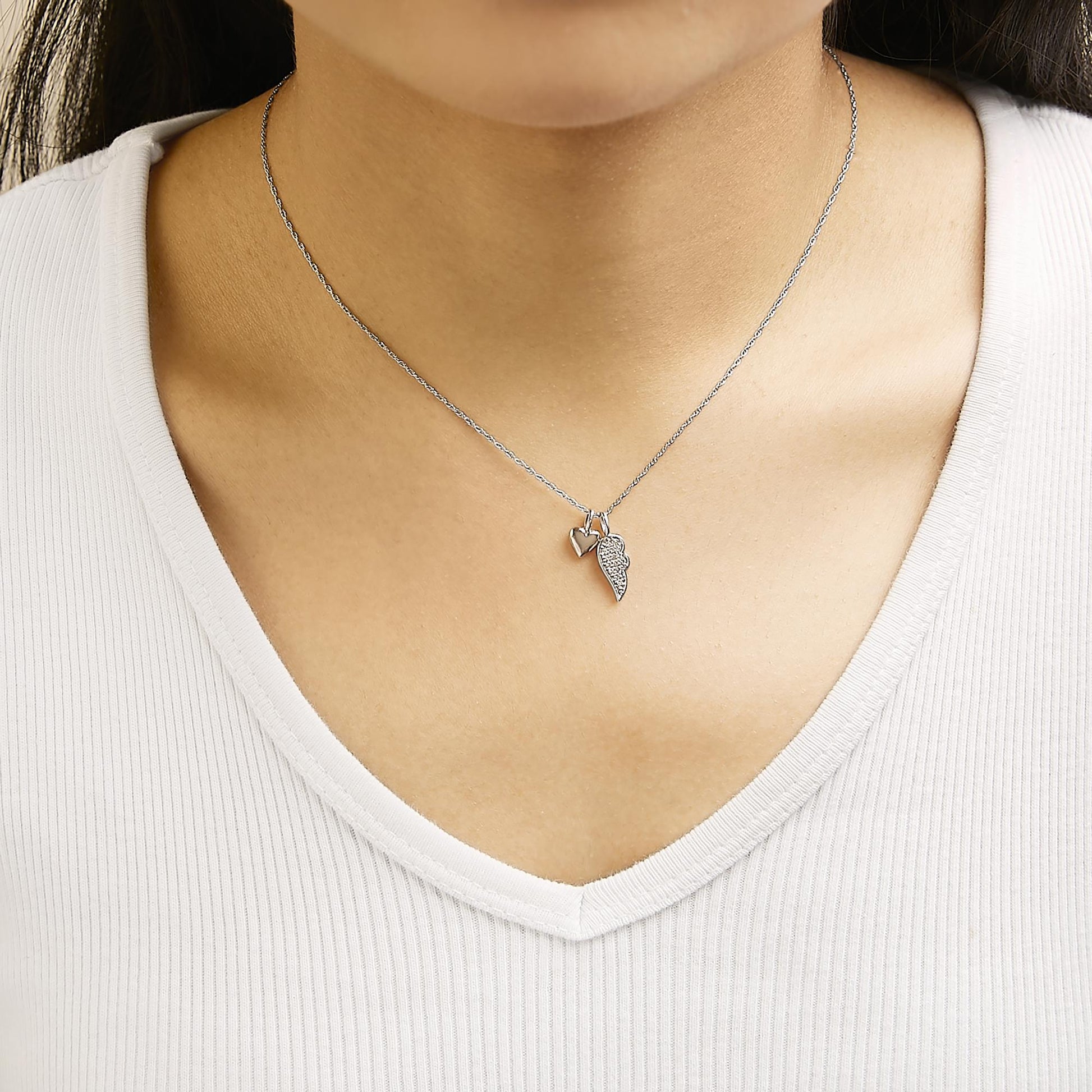 14K Rose Gold Plated Sterling Silver 1/10 Cttw Diamond Heart & Wing Pendant Necklace