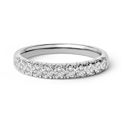 Close-up front angle of a white metal ring featuring a row of round white gemstones in a micro-pave setting.