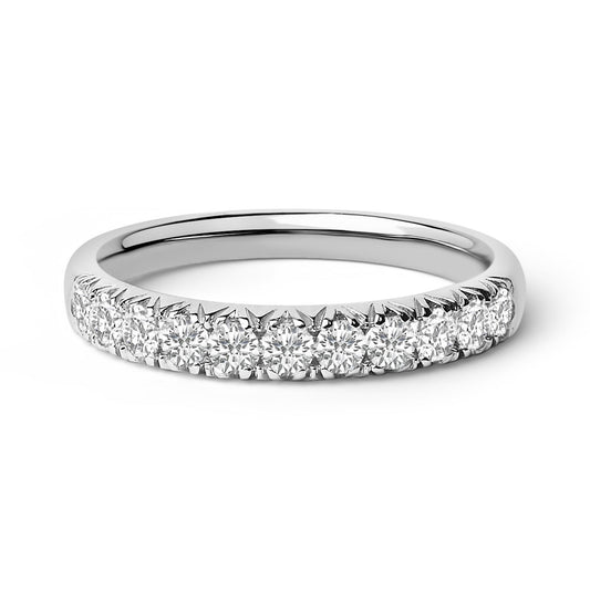 Close-up front angle of a white metal ring featuring a row of round white gemstones in a micro-pave setting.