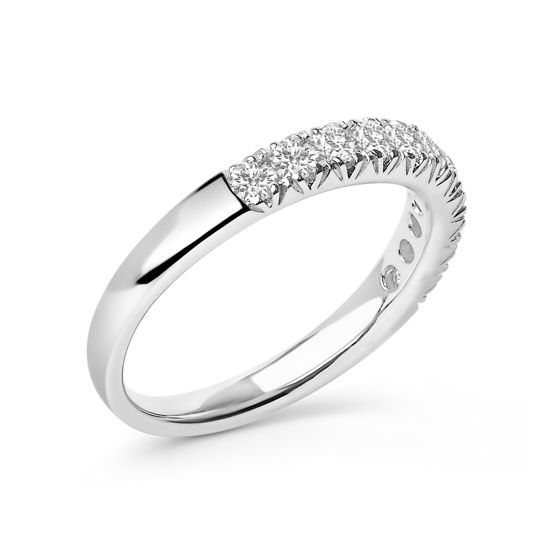 Close-up angled view of a white metal ring featuring a row of round white gemstones in a micro-pave setting along the top half of the band.