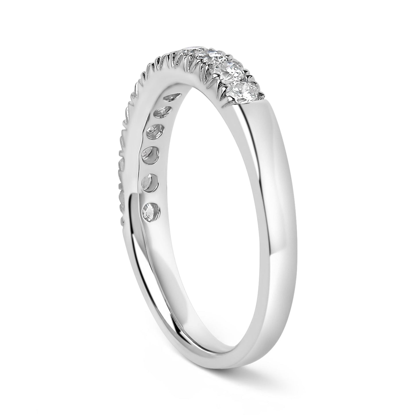White metal ring with a row of round white gemstones in a micro-pave setting, shown from a front angle.
