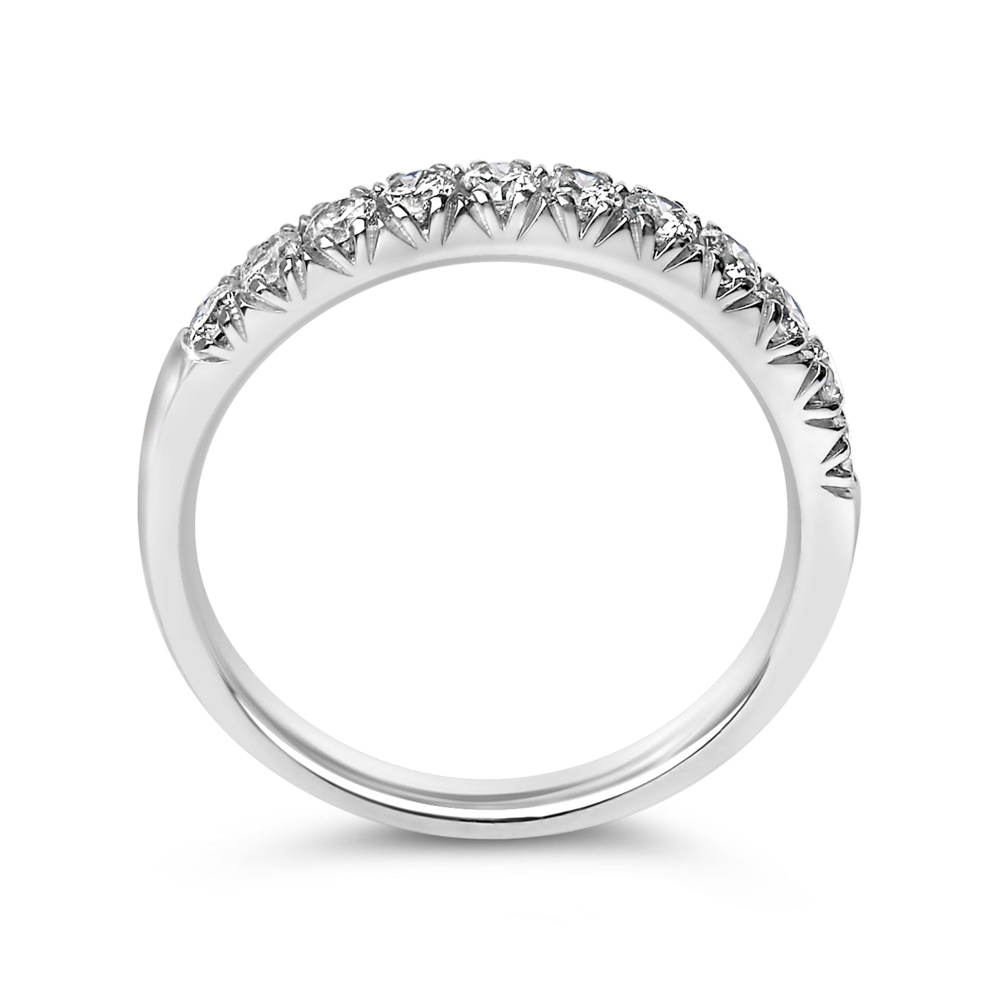 Close-up front view of a white ring featuring a row of round white gemstones in a micro-pave setting along the top half of the band.