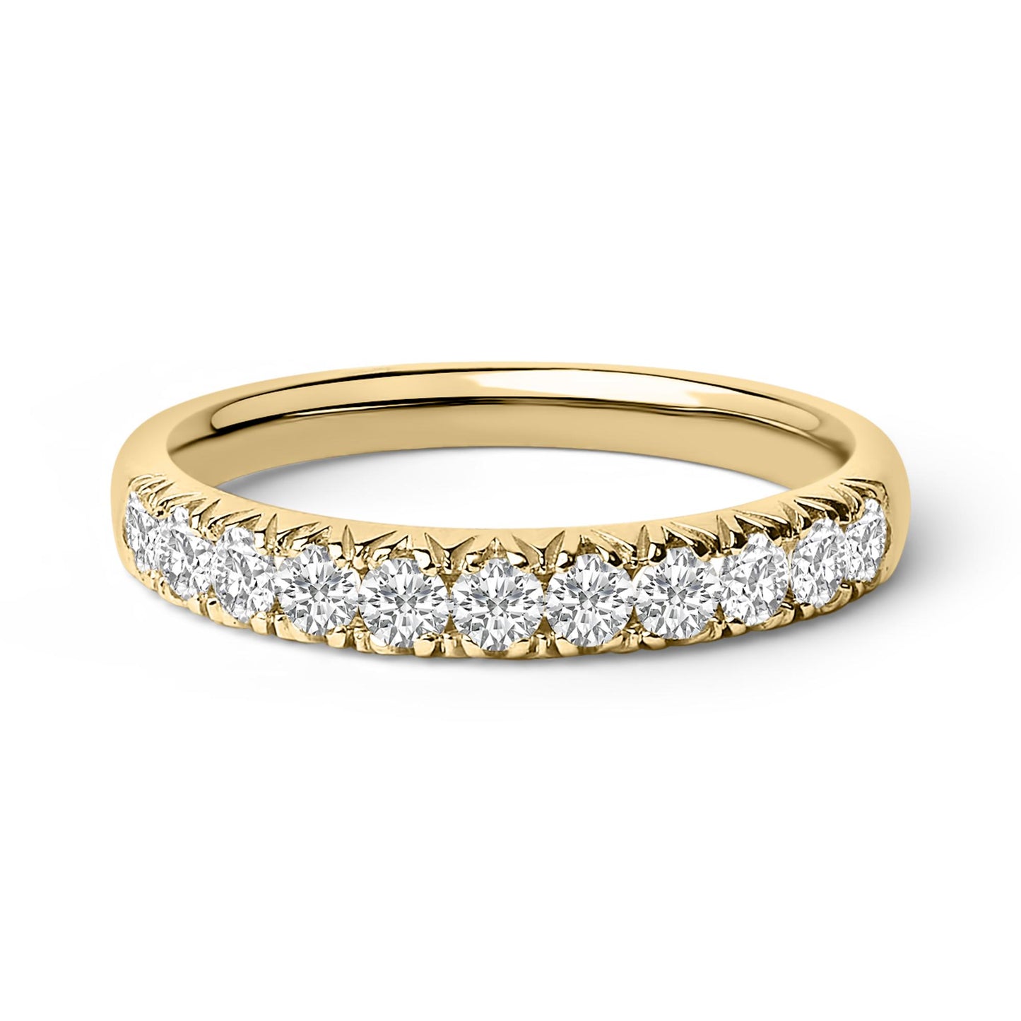 Yellow metal ring with a row of round white gemstones in a micro-pave setting, shown at a slight angle on a white background.