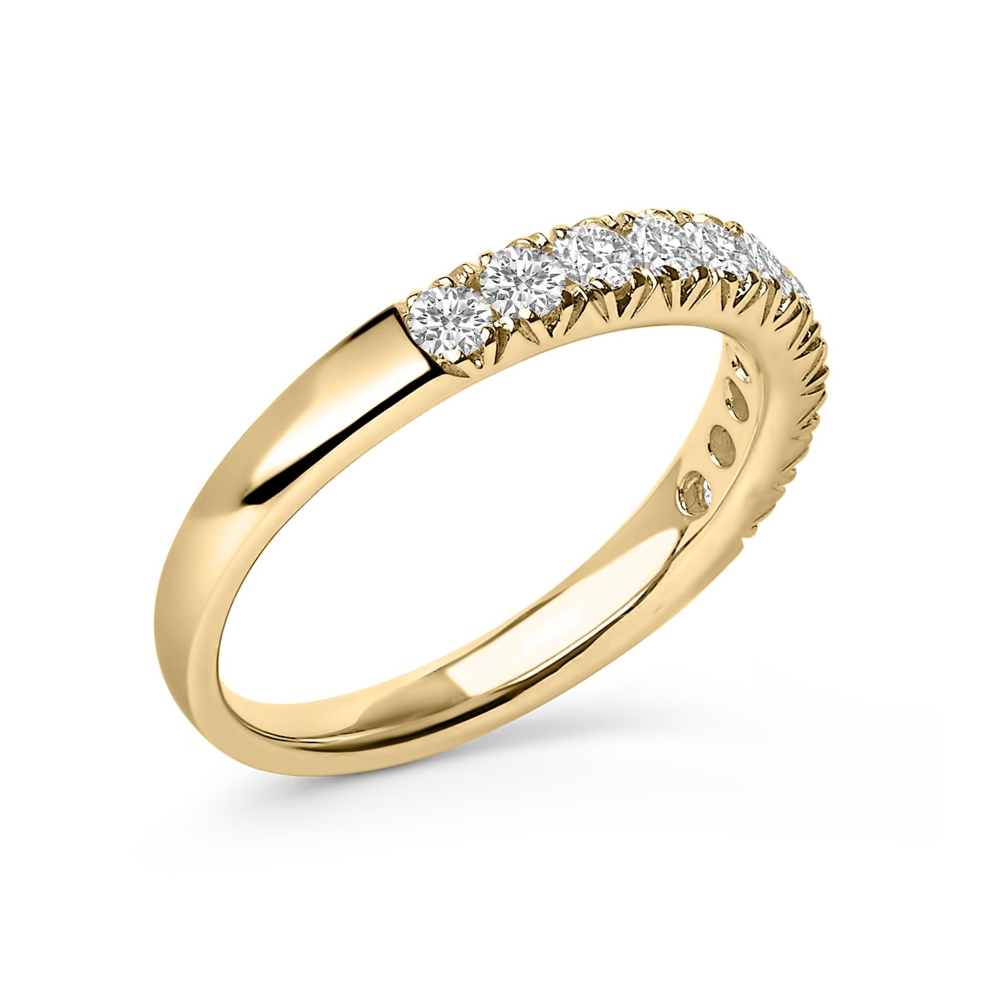 Close-up angled view of a yellow metal ring featuring a row of small round white gemstones in a micro-pave setting along the top.