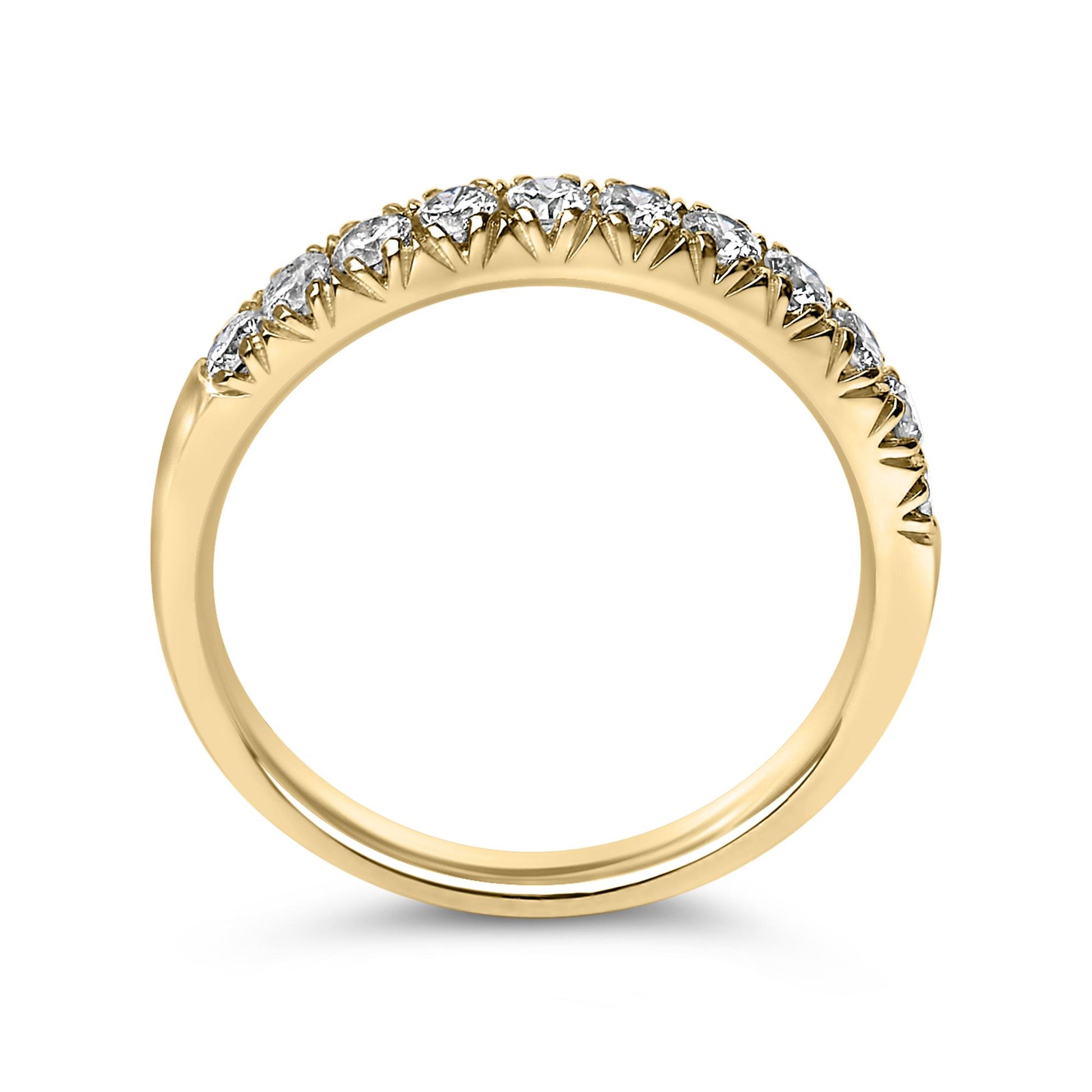 Yellow metal ring with a row of white round gemstones in a micro-pave setting, shown at a front angle on a white background.