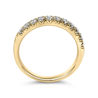 Yellow metal ring with a row of white round gemstones in a micro-pave setting, shown at a front angle on a white background.