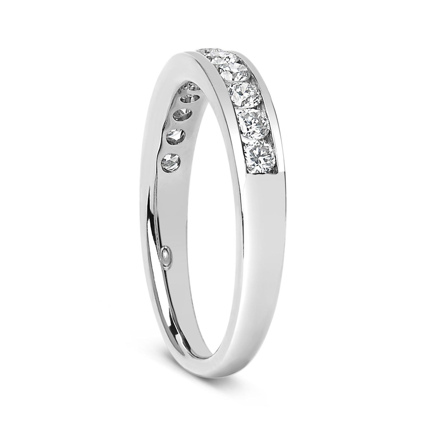 White metal ring shown at a slight angle with a channel setting of round white gemstones on the upper surface.