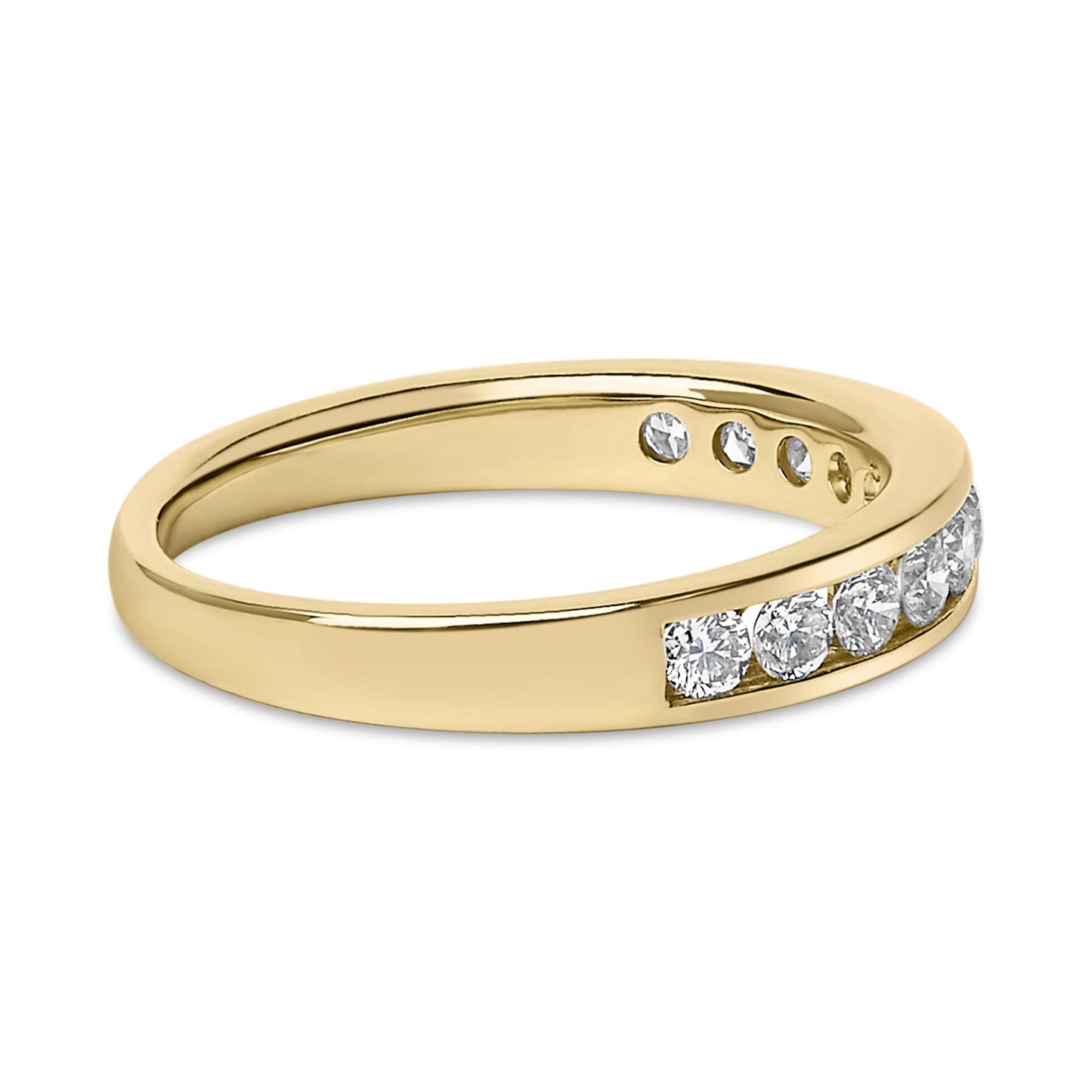 Yellow ring with round white gemstones set in a channel setting, shown from a side angle on a white background.