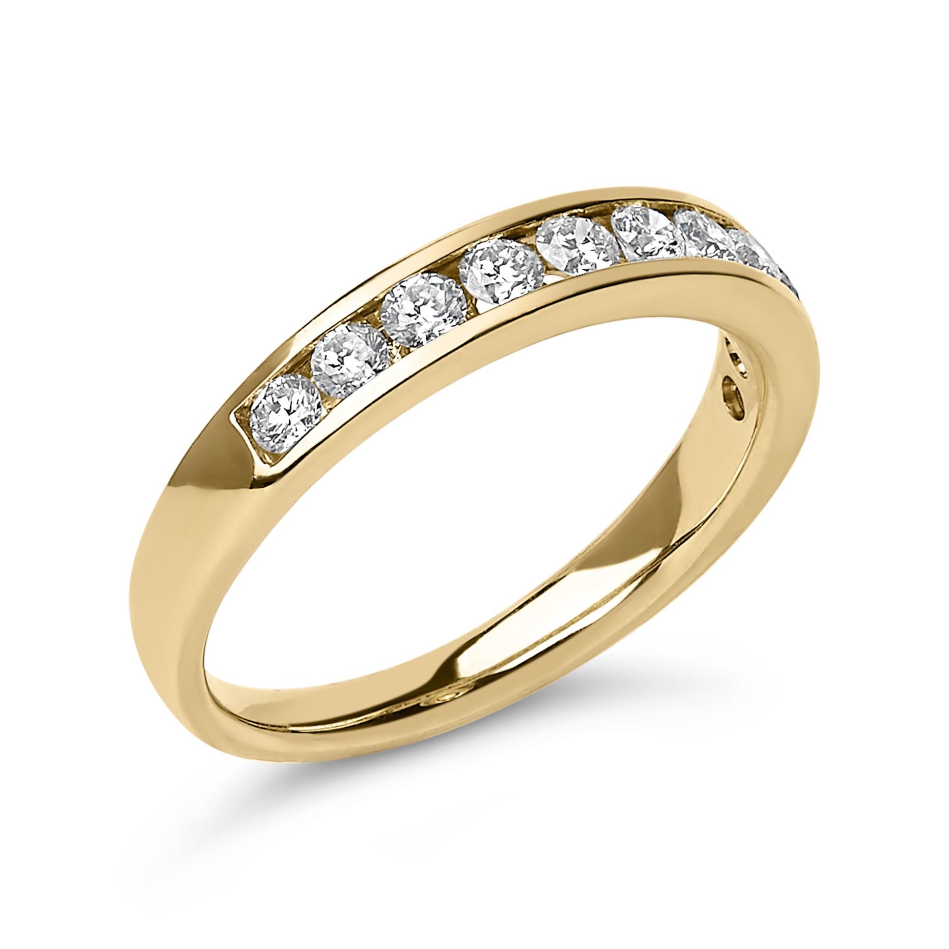 Yellow metal ring with a channel setting of round white gemstones, shown at an angled close-up on a white background.