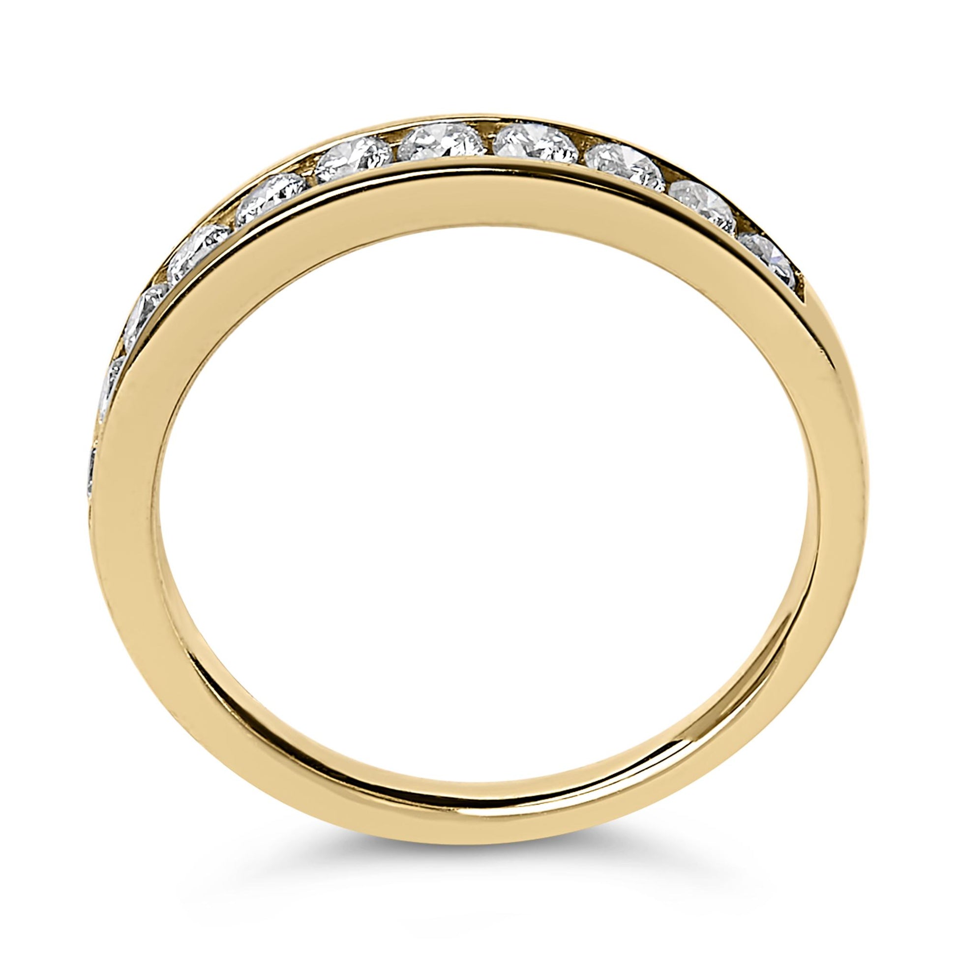 Close-up front view of a yellow metal ring with a channel setting of round white gemstones along the top.