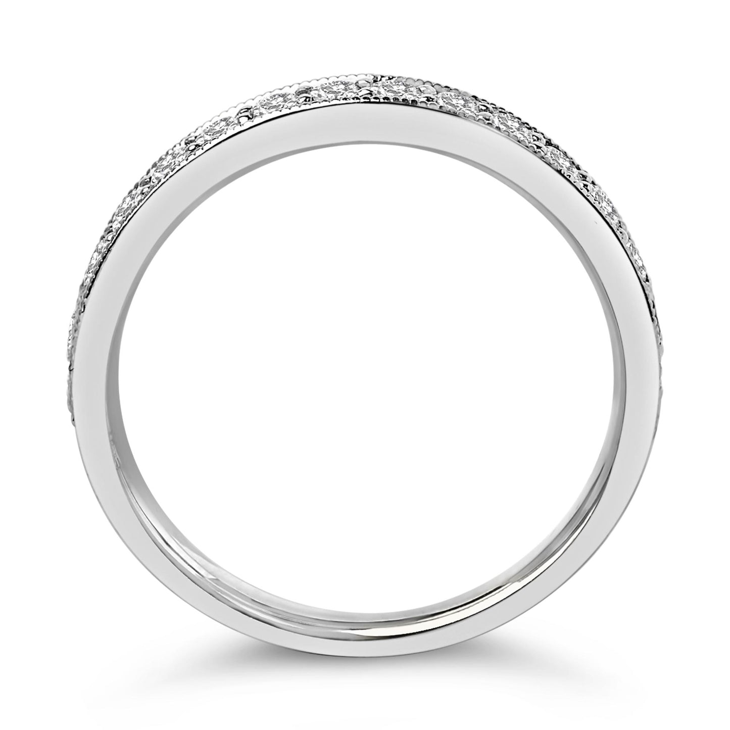 Close-up, front-facing view of a white-colored ring with a smooth band and a row of small round white gemstones in a micro-pave setting along the top.