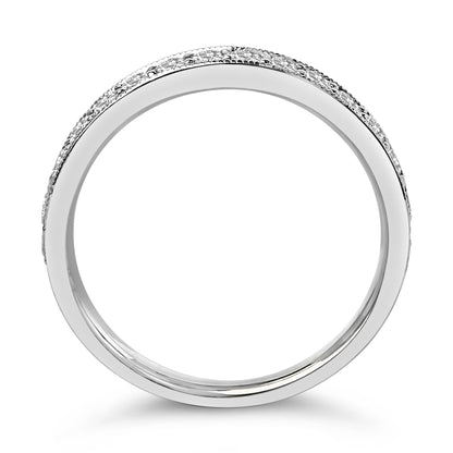 Close-up, front-facing view of a white-colored ring with a smooth band and a row of small round white gemstones in a micro-pave setting along the top.
