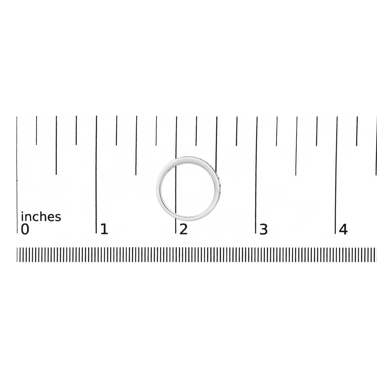 White metal ring with a micro-pave setting of round white gemstones shown on a ruler scale, top-down angle.