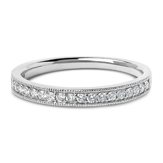 Close-up front angle of a white metal ring featuring a row of round white gemstones in a micro-pave setting along the band.
