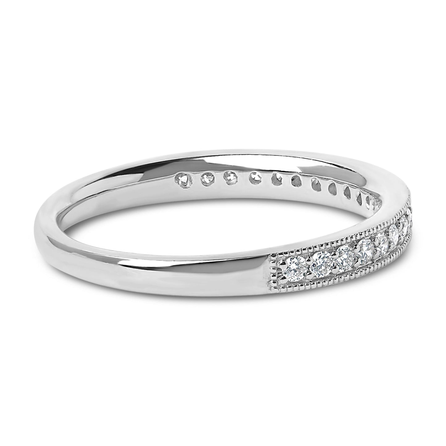Close-up angled view of a white metal ring with a section featuring white round gemstones in a micro-pave setting.