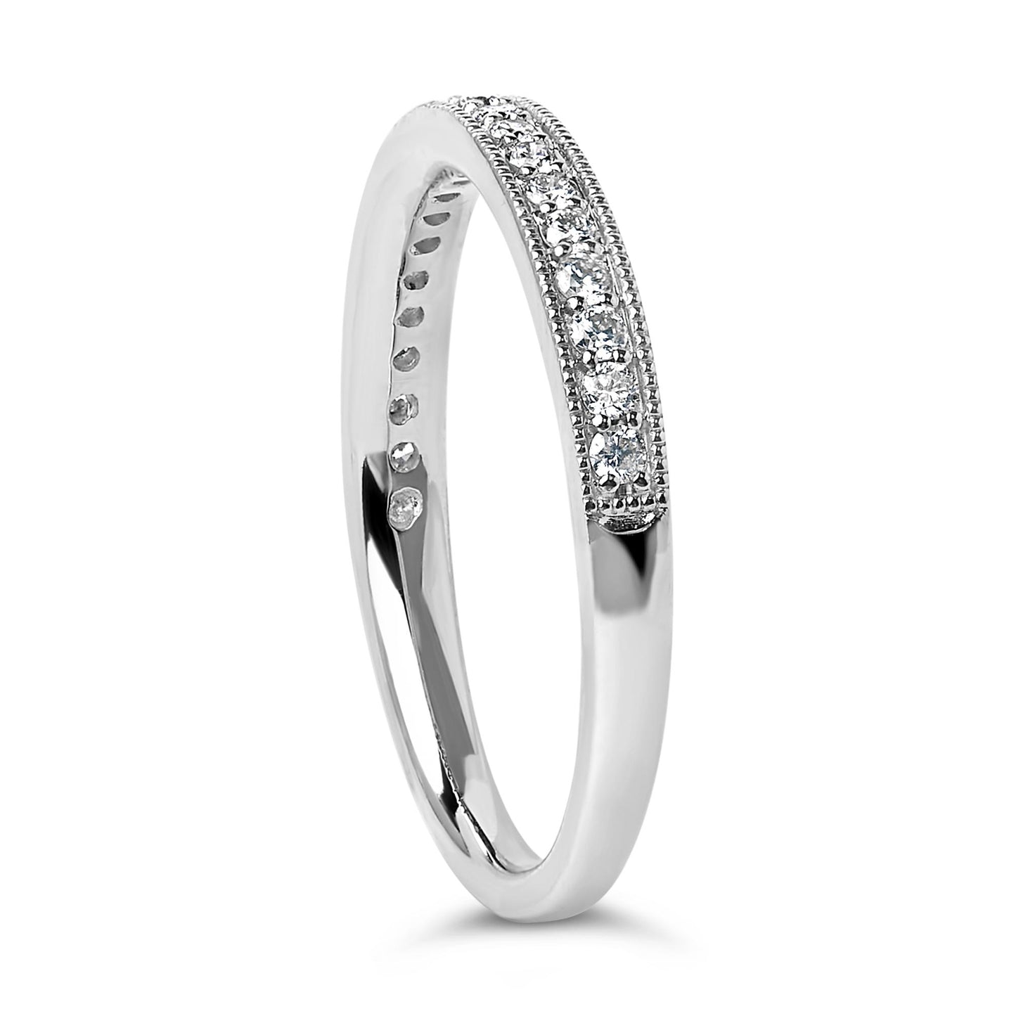 White metal ring with a row of round white gemstones in a micro-pave setting, shown at a slight angle.