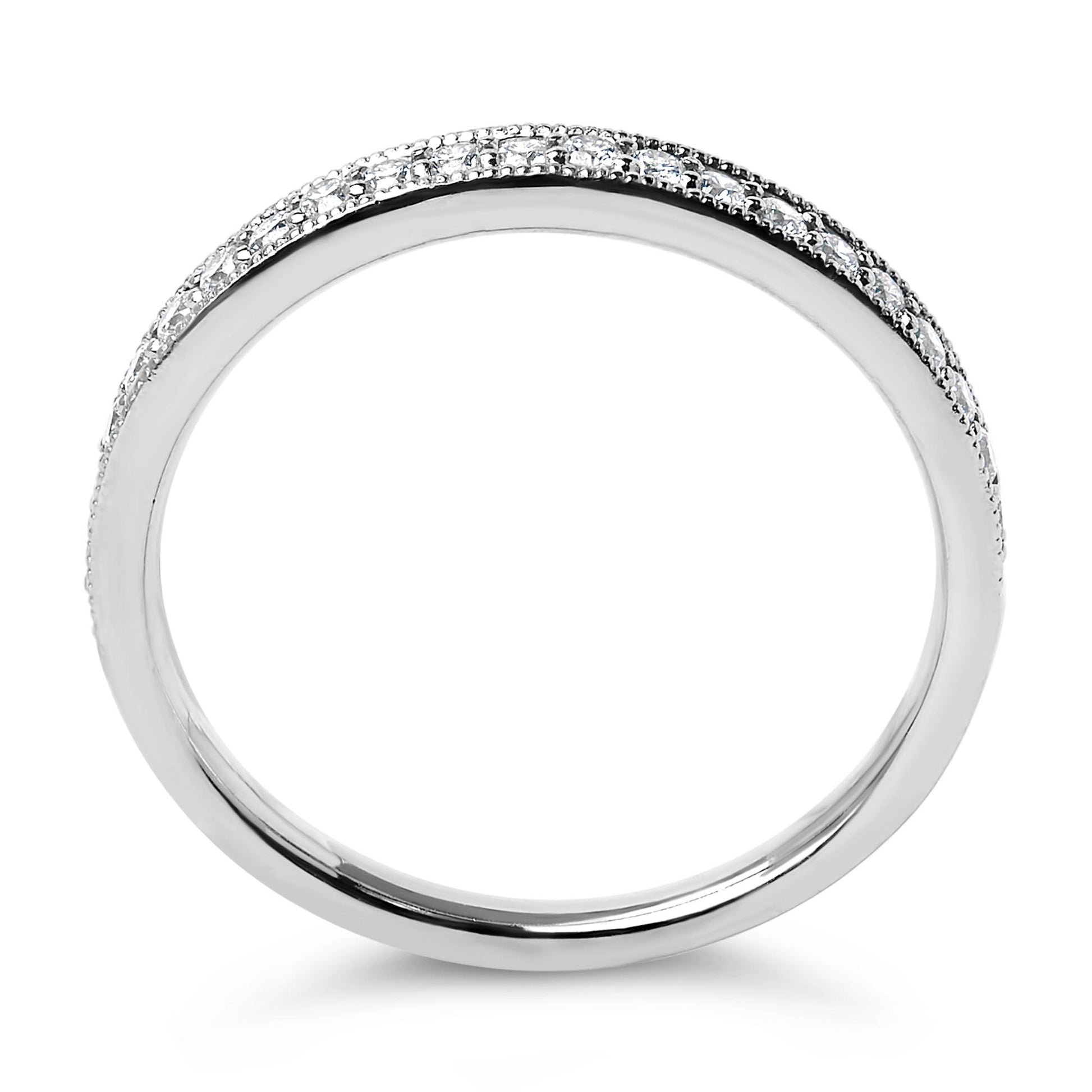 Close-up front angle of a white metal ring featuring a row of round white gemstones set in a micro-pave style along the top half.