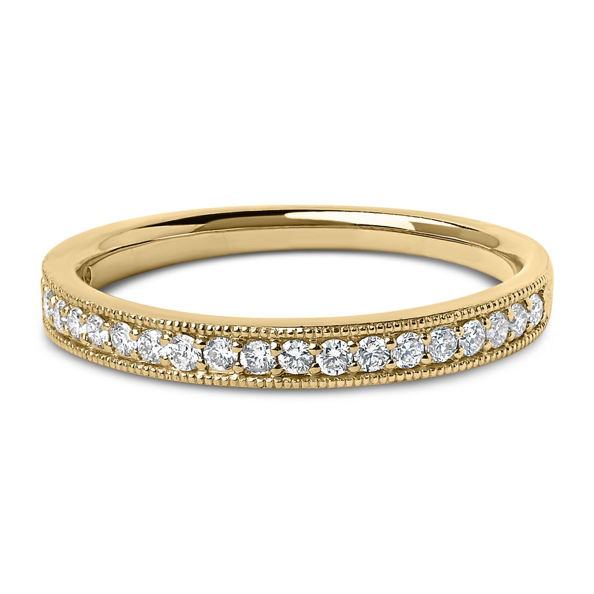Close-up front angle of a thin yellow ring with a row of round white gemstones set in a micro-pave setting along the band.