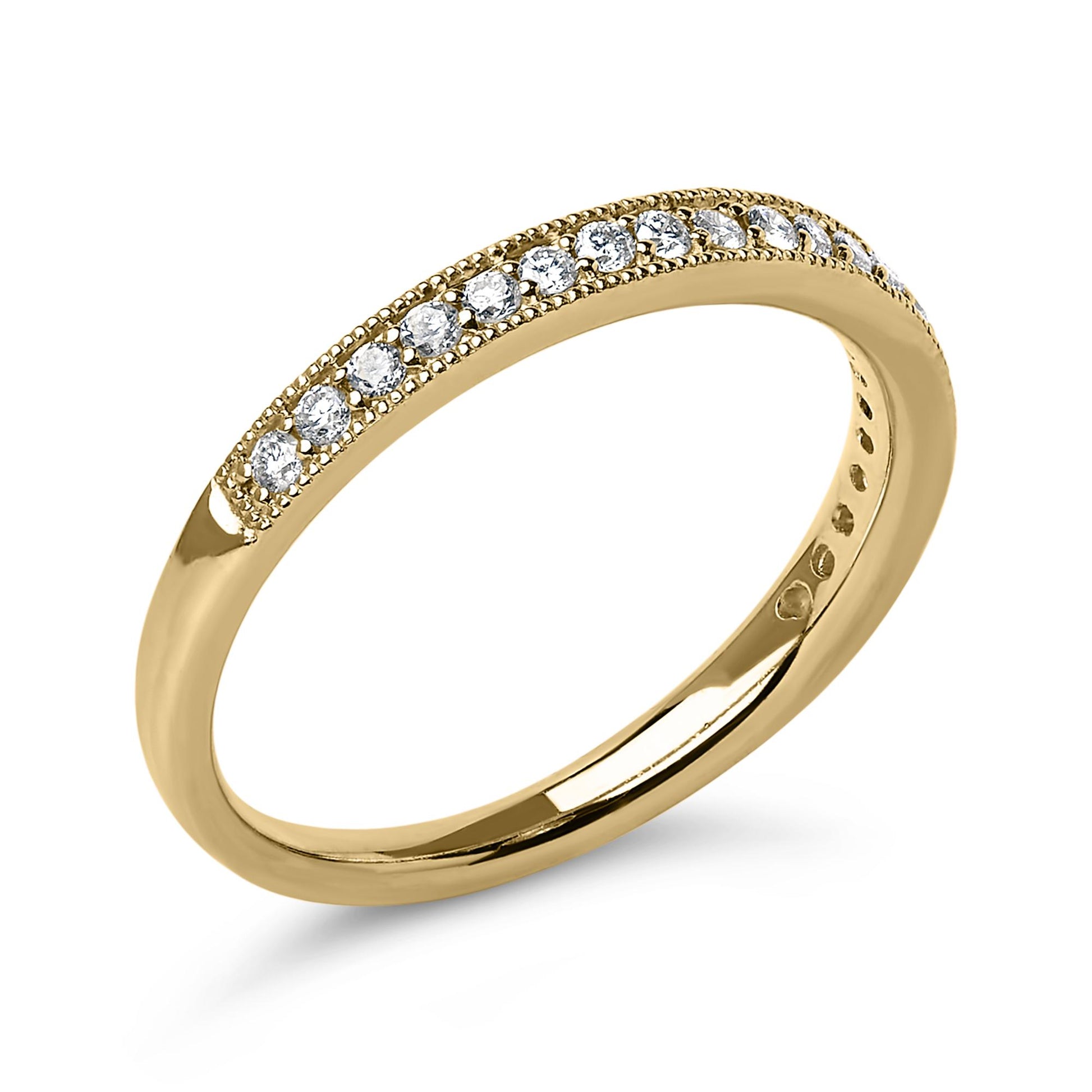 Yellow band ring viewed from an angled side showing a row of small round white gemstones set in a micro-pave setting on the top half of the band.