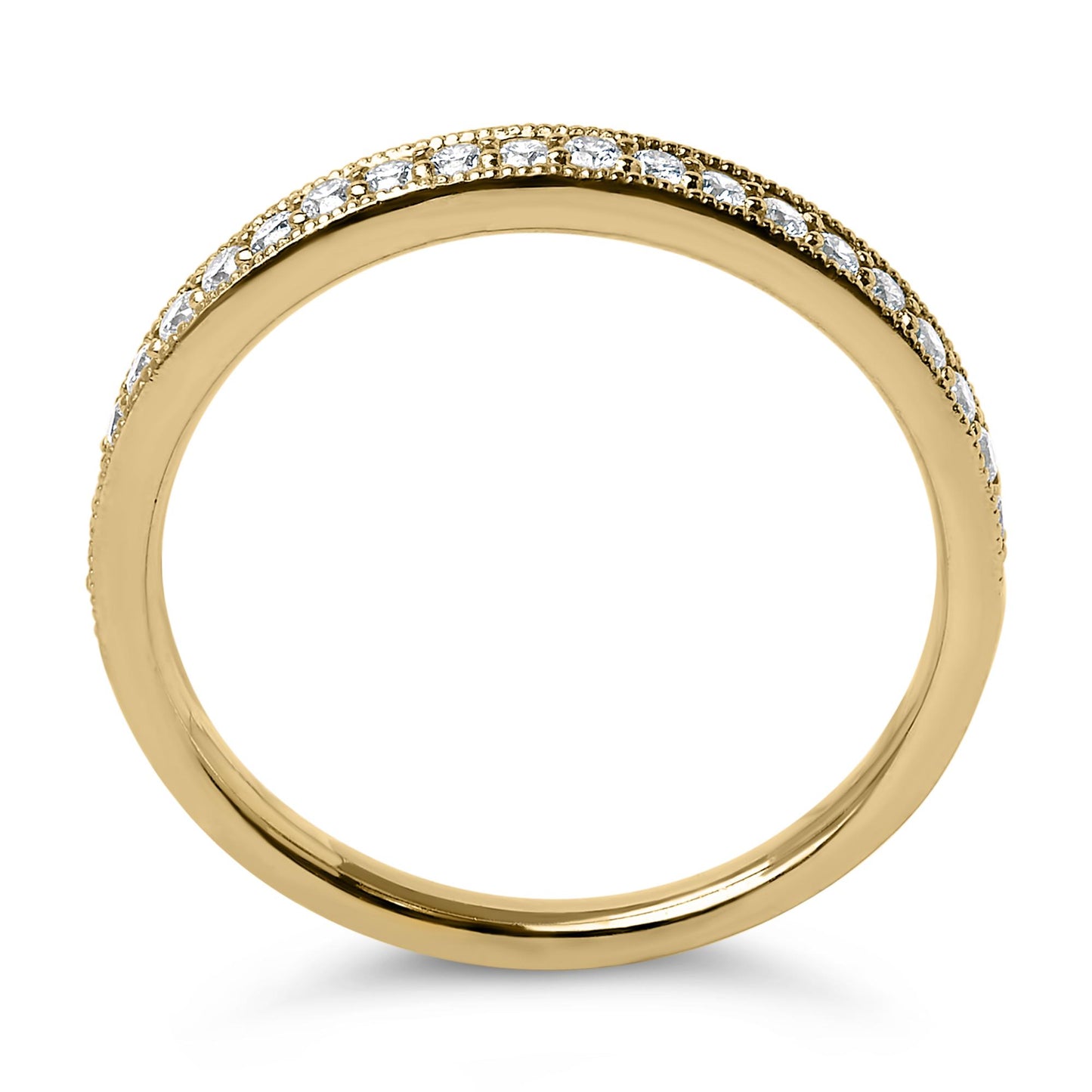 Close-up front view of a yellow metal ring featuring a row of small round white gemstones in a micro-pave setting along the top half.