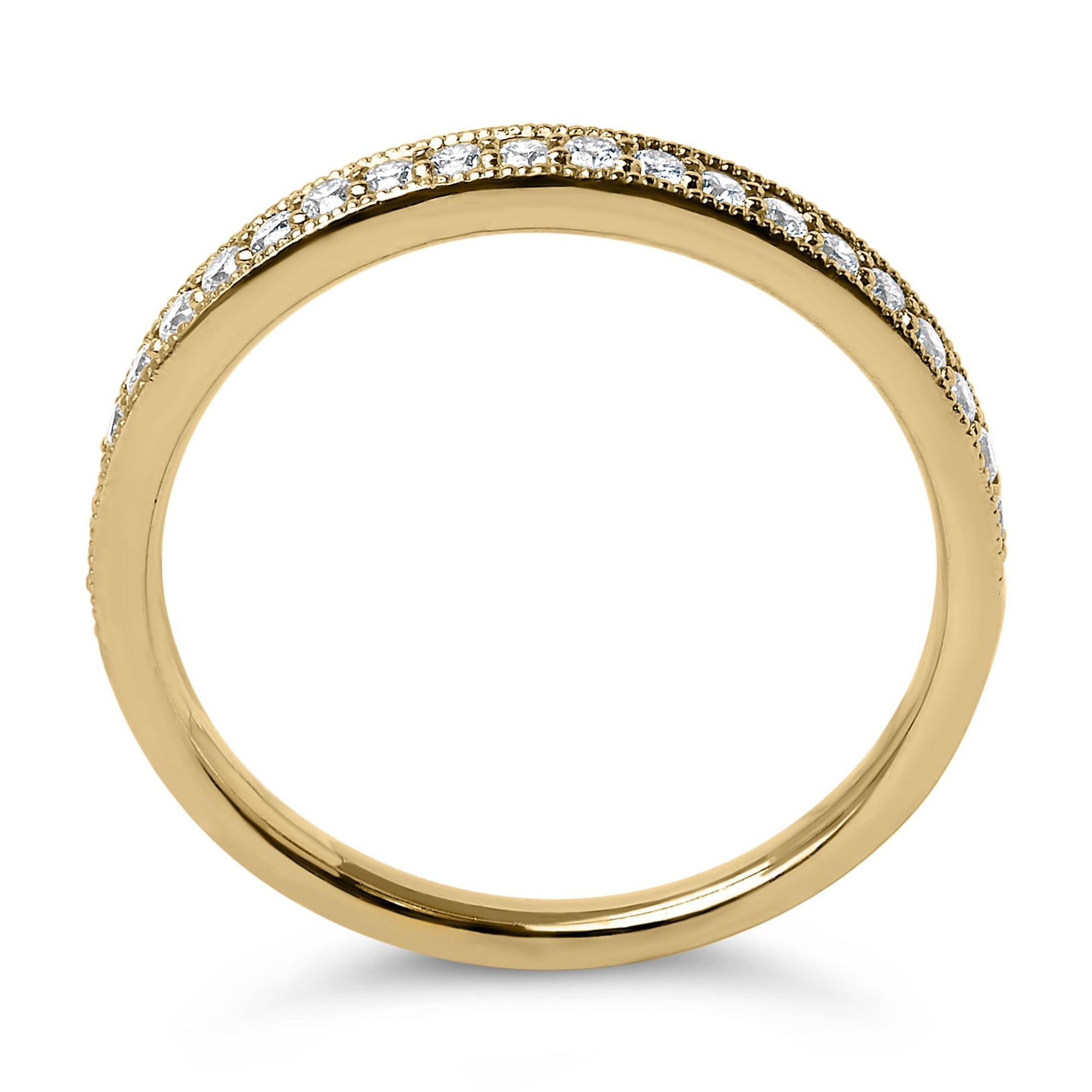 Close-up front view of a yellow metal ring featuring a row of small round white gemstones in a micro-pave setting along the top half.