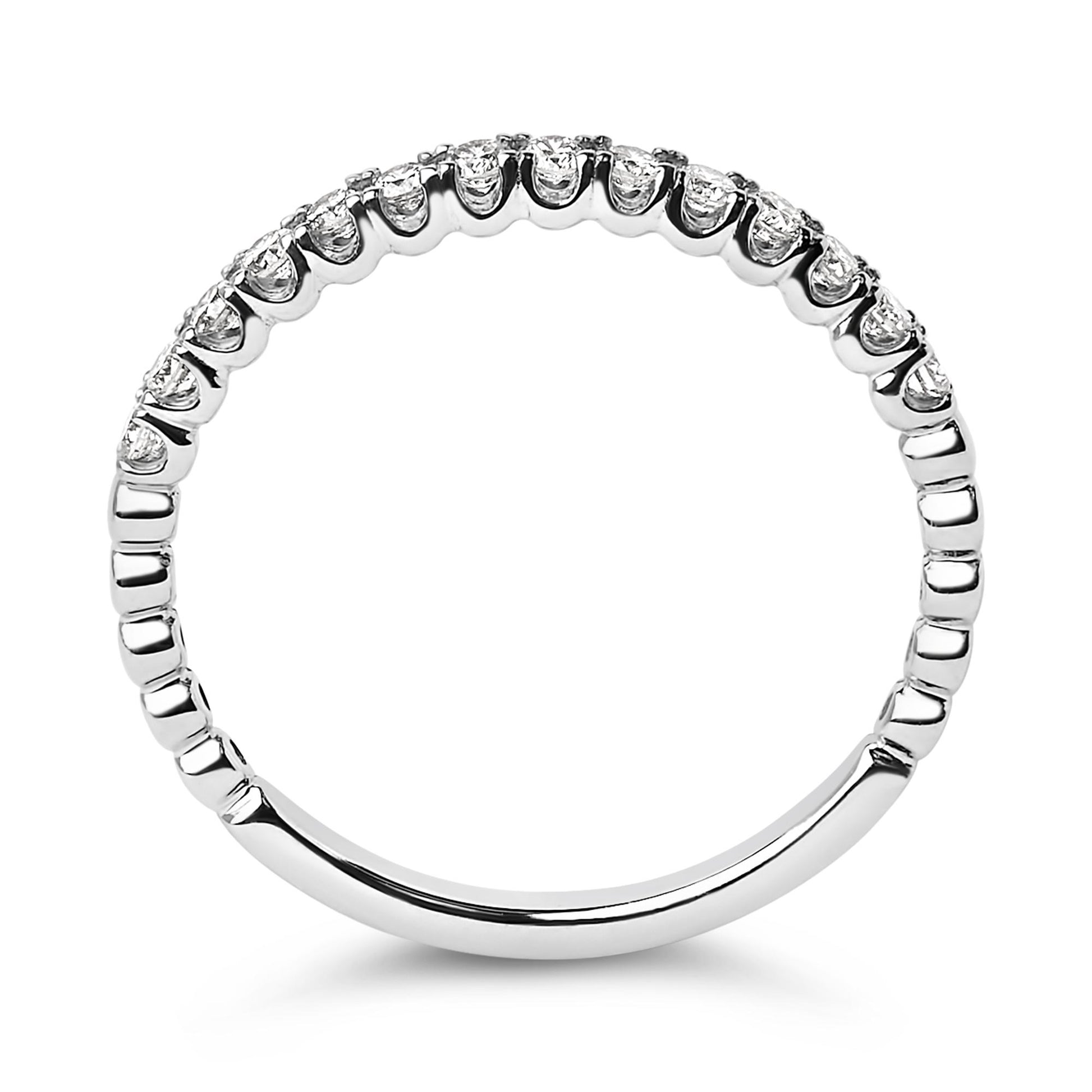 Close-up front view of a white metal ring featuring a row of round white gemstones set in prongs along the upper half of the band.