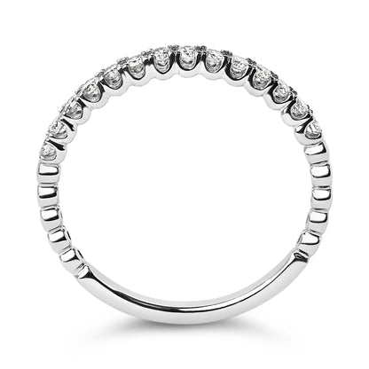 Close-up front view of a white metal ring featuring a row of round white gemstones set in prongs along the upper half of the band.