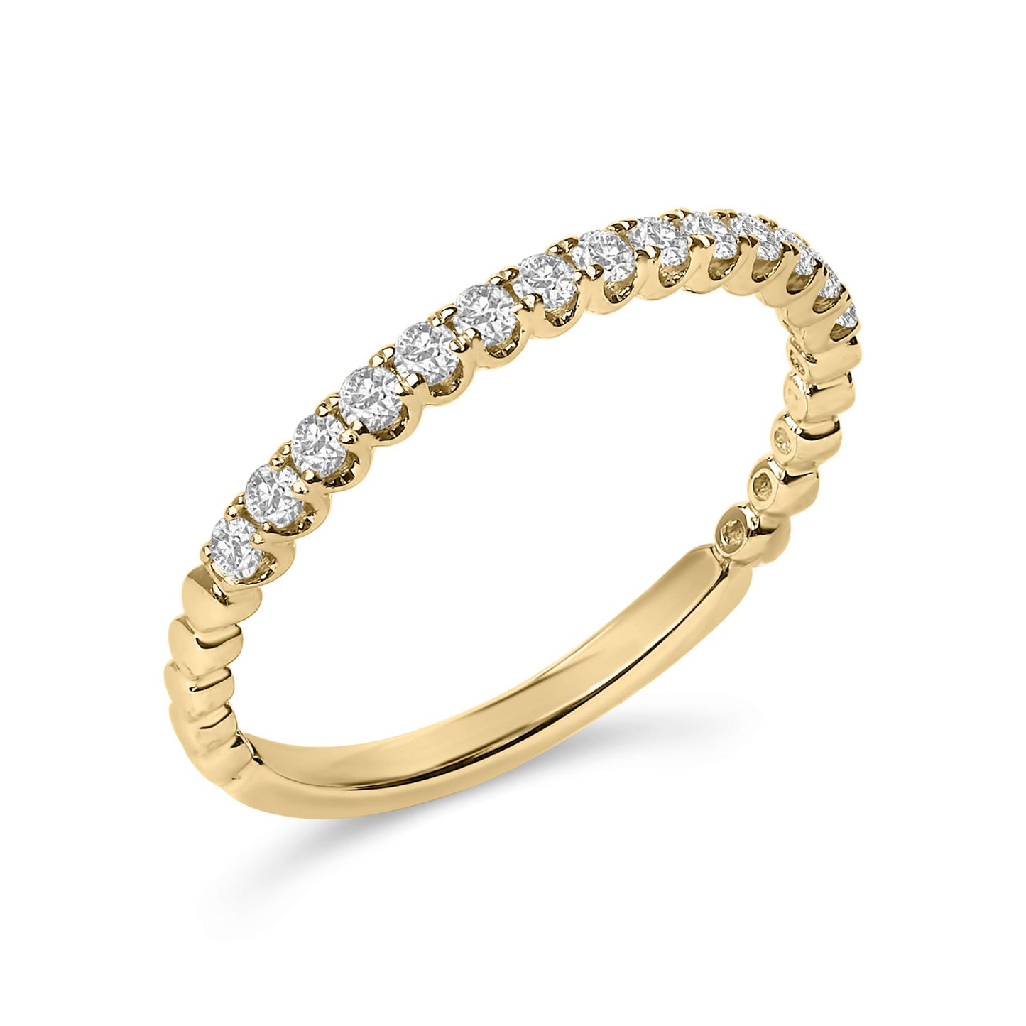 Close-up angled view of a yellow metal ring featuring a row of round white gemstones set in prongs along the upper band.