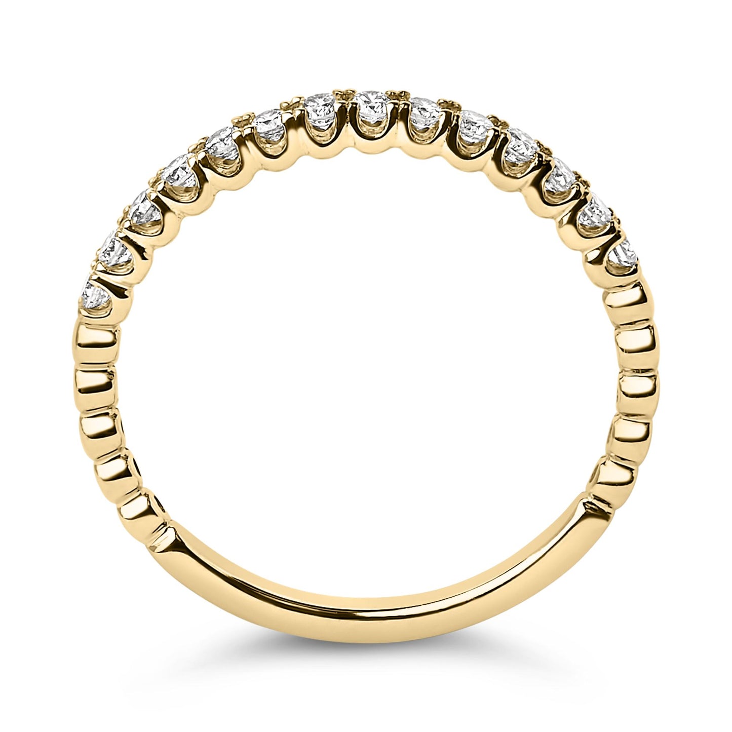 Close-up front view of a yellow metal ring featuring round white gemstones in prong settings encircling the upper half of the band.