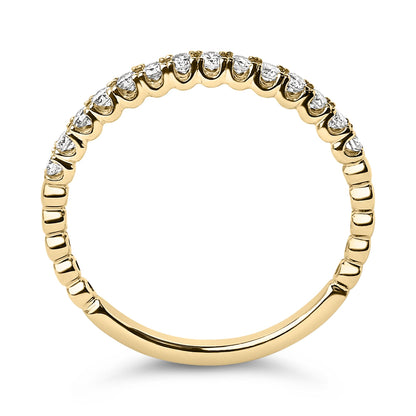Close-up front view of a yellow metal ring featuring round white gemstones in prong settings encircling the upper half of the band.
