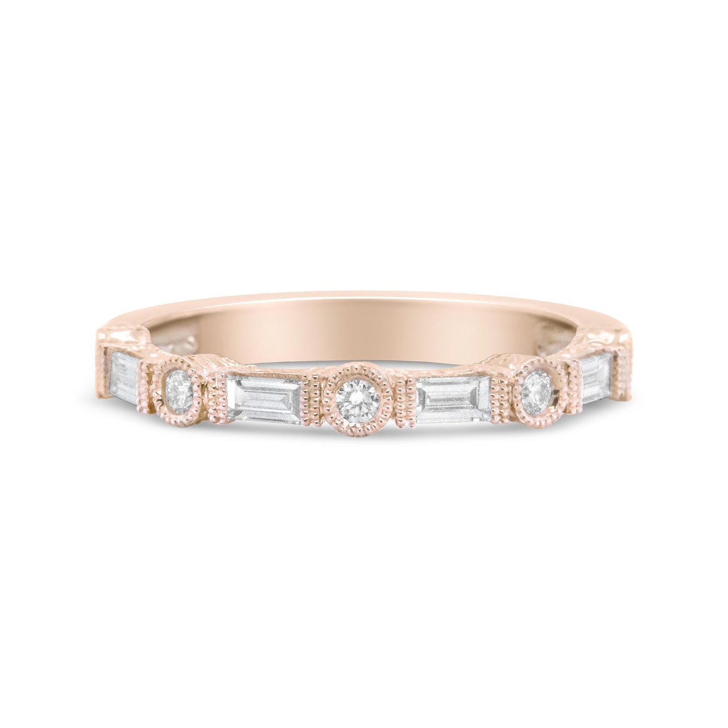 Front-facing view of a rose-colored ring featuring alternating bezel-set round white gemstones and invisibly-set baguette-shaped white gemstones.
