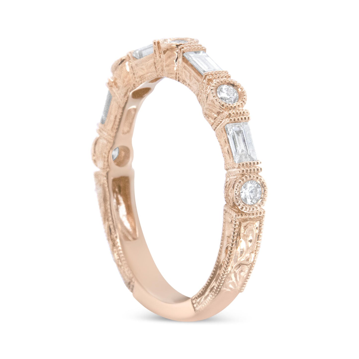 Rose metal ring with alternating round and baguette white gemstones, featuring intricate detailed engraving, shown at a slight angle.