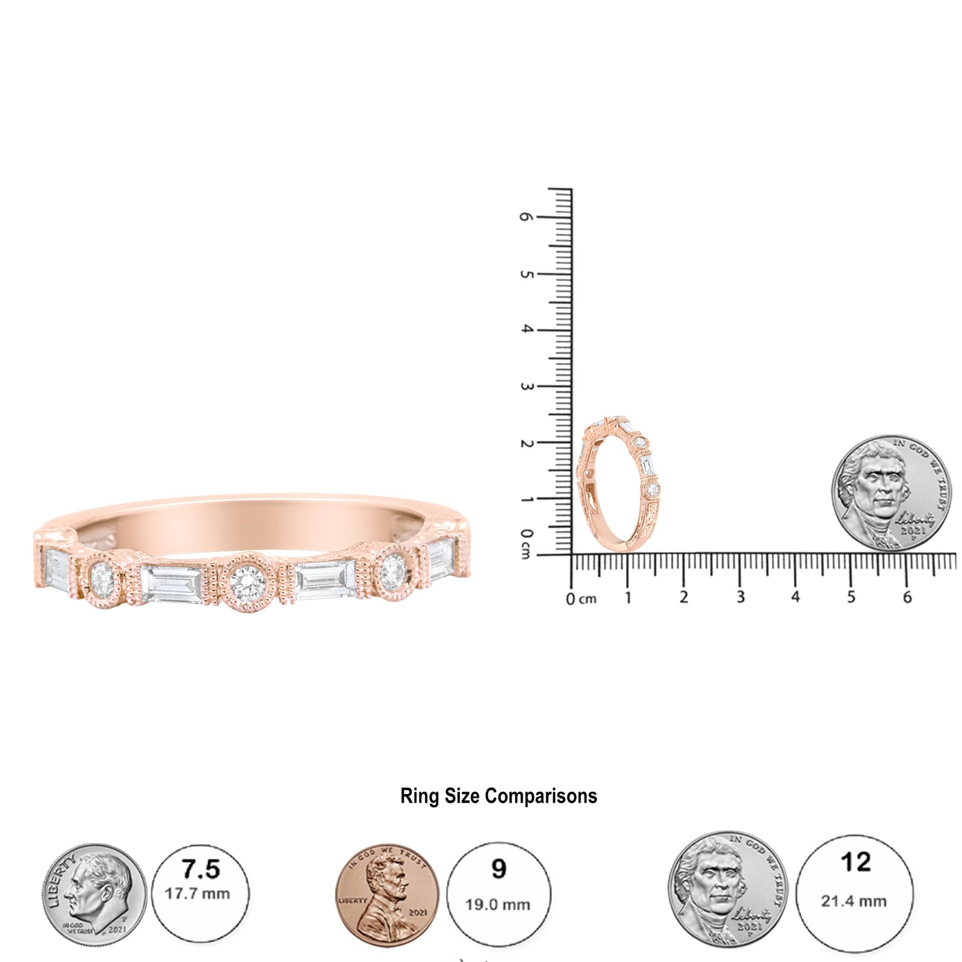 Close-up of a rose-colored ring with alternating round and baguette-shaped white gemstones shown from a front angle, next to a scale and a coin for size reference.
