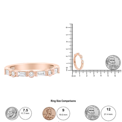 Close-up of a rose-colored ring with alternating round and baguette-shaped white gemstones shown from a front angle, next to a scale and a coin for size reference.