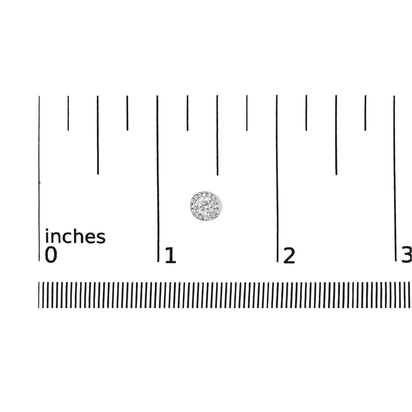 Single white metal round earring with small and channel set white gemstones, shown on ruler for size reference, top-down angle.